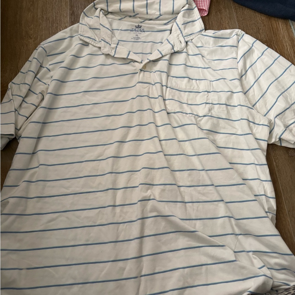 Peter Millar Cream Polo with Blue Stripes